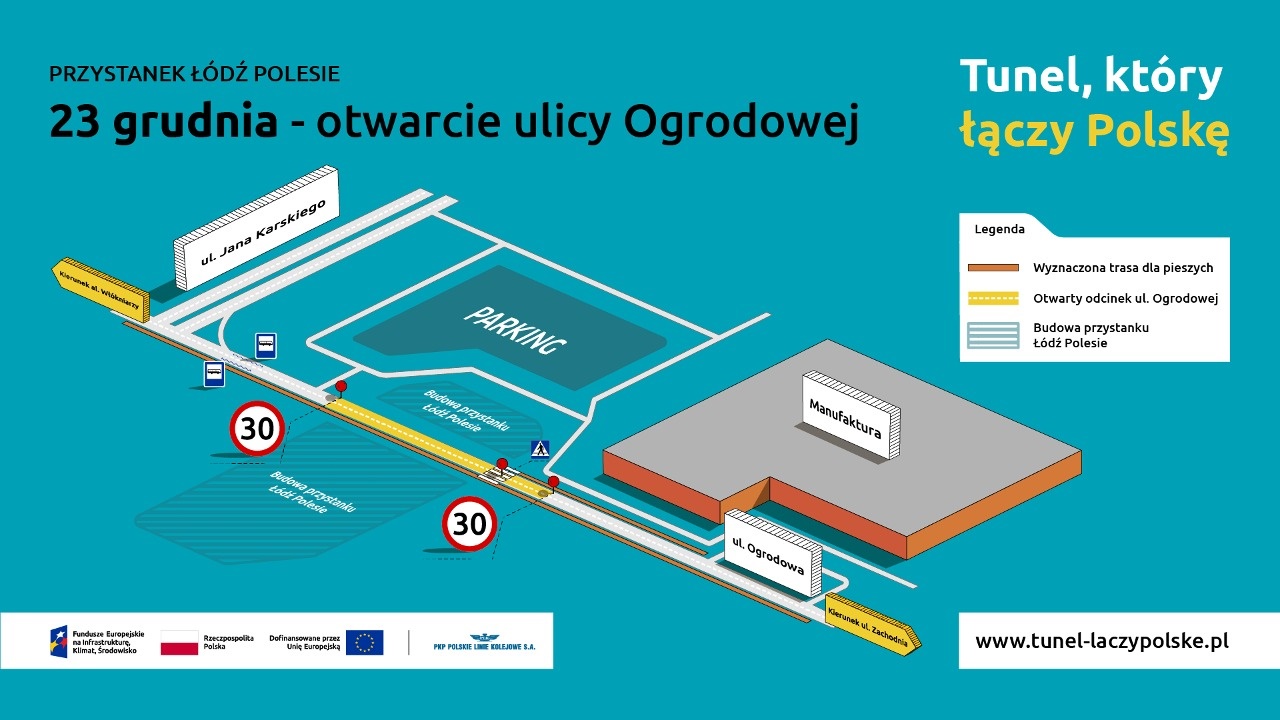 Tytuł: Od 23 grudnia – otwarcie ulicy Ogrodowej. Na grafice jest zaznaczony nowy przebieg ulicy Ogrodowej między ulicami Karskiego i Gdańską. Na ulicy obowiązuje ograniczenie prędkości do 30 km/h. Na dole grafiki są logotypy Funduszy Europejskich na Infrastrukturę, Klima, Środowisko, flaga Polski oraz informacja o dofinansowaniu projektu przez Unię Europejską. W dolnym, lewym rogu jest adres strony internetowej www.tunel-laczypolske.pl